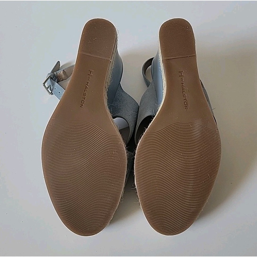 H Halston Stella Slingback Sandals 8.5M Powder Blue Suede Chambray Wedge Heel - Picture 10 of 16